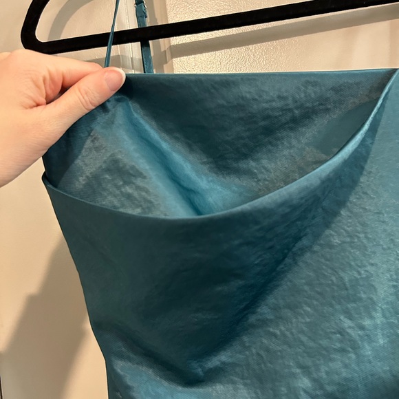 Elegant Teal Satin Mini Dress - Picture 2 of 4